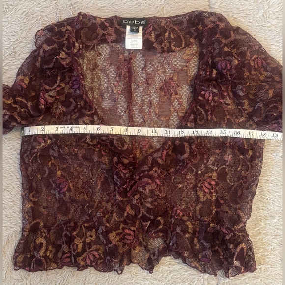 Bebe Y2K Women's Floral Sheer Lace Ruffled Blouse w/ Gold, Wine & Deep Pink Hues - Picture 16 of 16